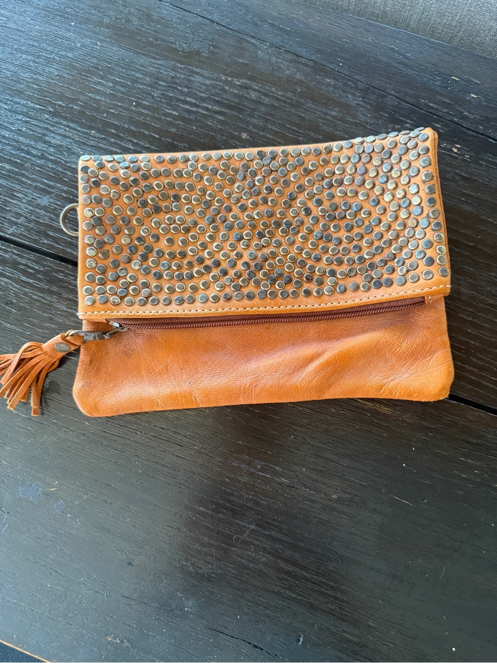 Studded Fold-Over Leather Clutch - orange